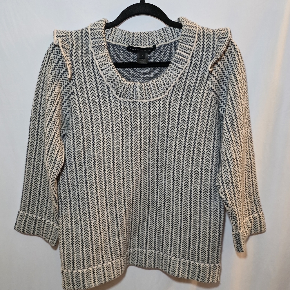 Marc By Marc Jacobs 100% Lambs Wool Ruffle Trim Long Sleeve Sweater, sz M